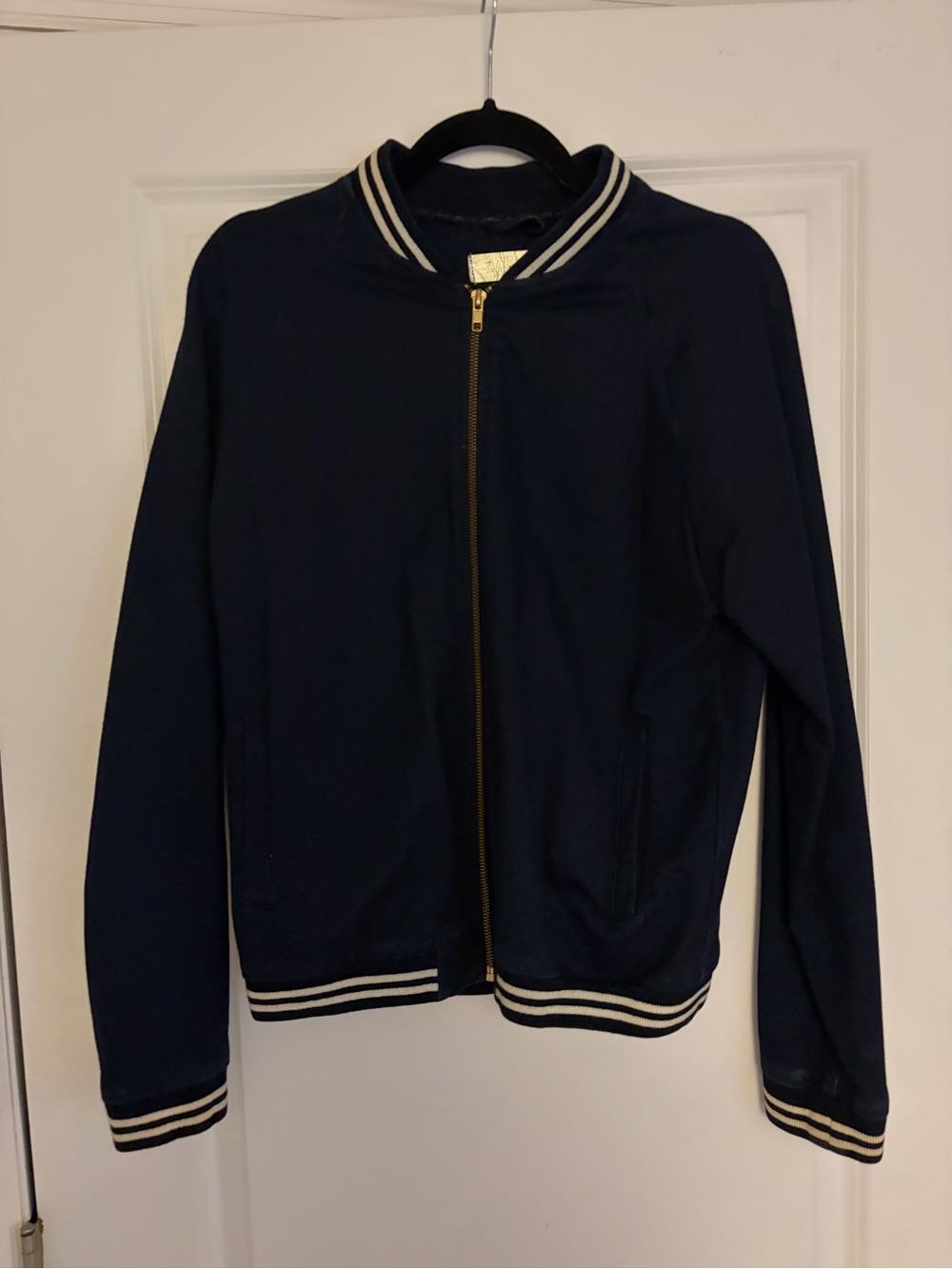 Navy Bomber Jacket with Contrast Stripe Trim